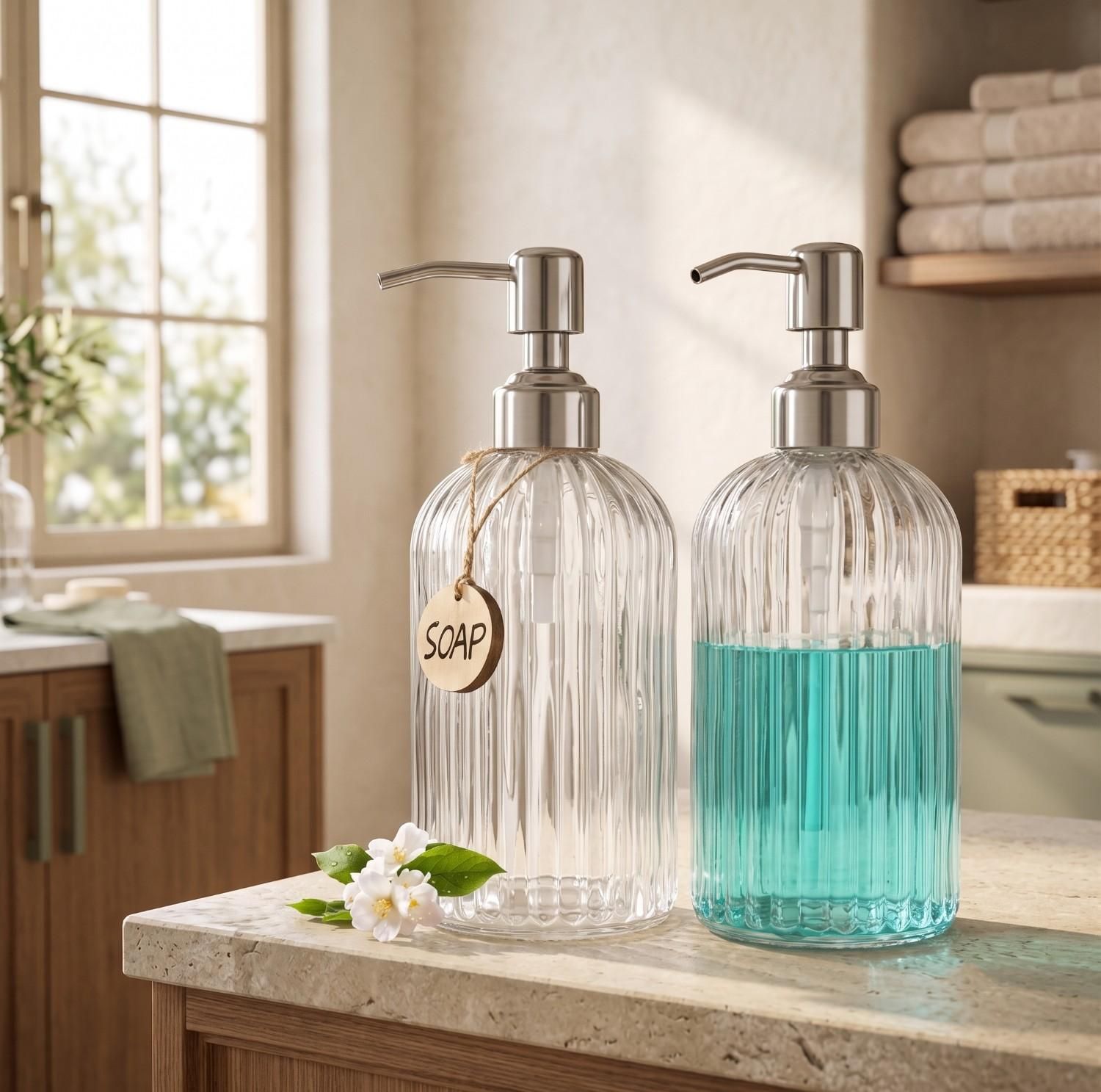 JASAI 2PACK 18 Oz Glass Soap Dispenser with Rust Proof Stainless Steel Pump, Refillable Hand Soap Dispenser with Vertical Stripe, Premium Bathroom soap Dispenser for Kitchen & Bathroom