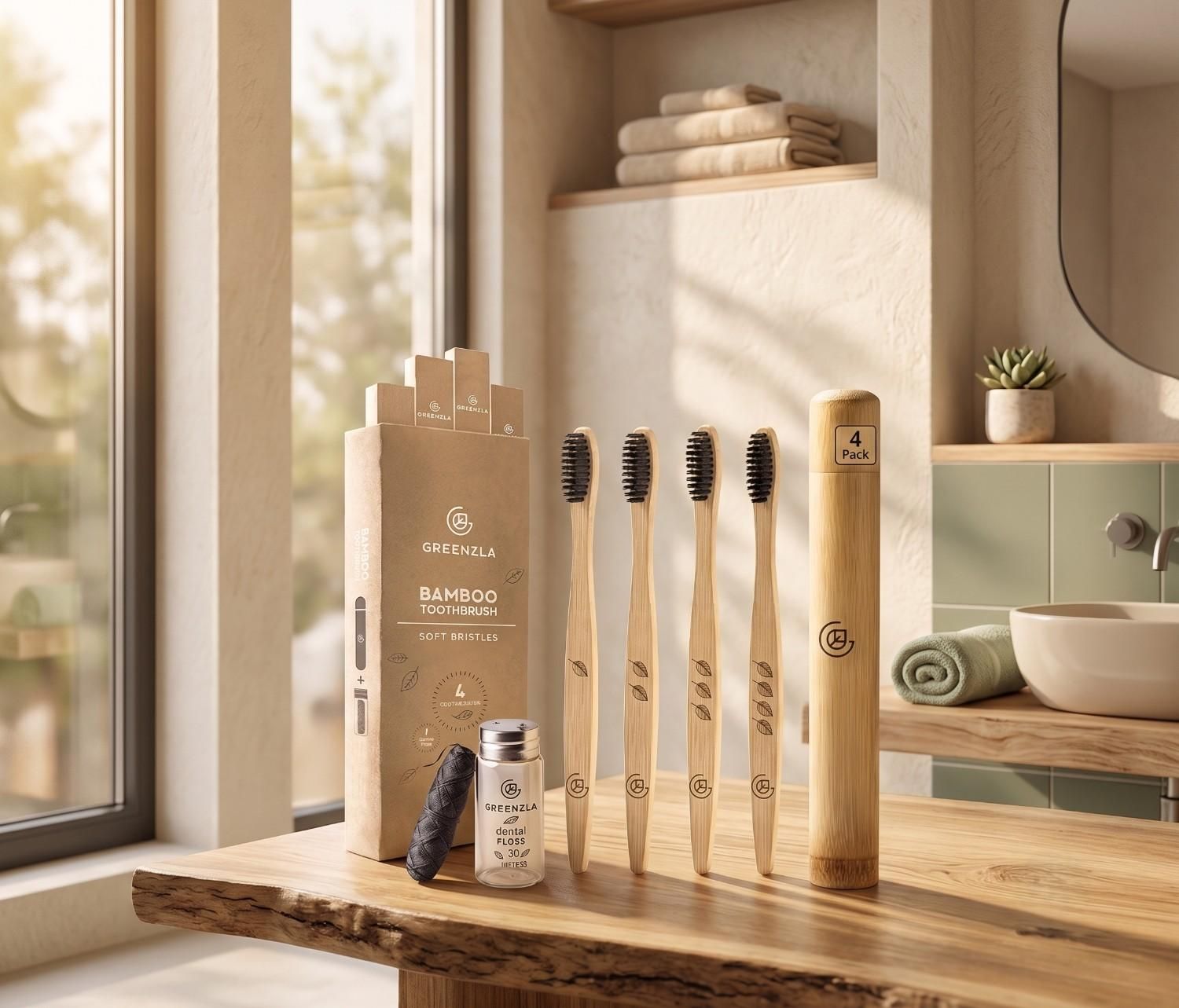 Greenzla Bamboo Toothbrushes, Wooden Toothbrush Set with Soft Bristles, Includes Travel Case and Charcoal Dental Floss, 4 Pack | BPA-free, organic & compostable | Lasts 6 months | Includes travel case & charcoal floss