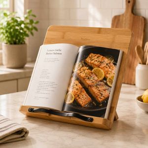 Readaeer Bamboo Book Stand, Large Book Holder with 6 Adjustable Height, Foldable Cookbook Stand Desktop Document Holder for Kitchen & Office (13.4 x 9.3 Inch)