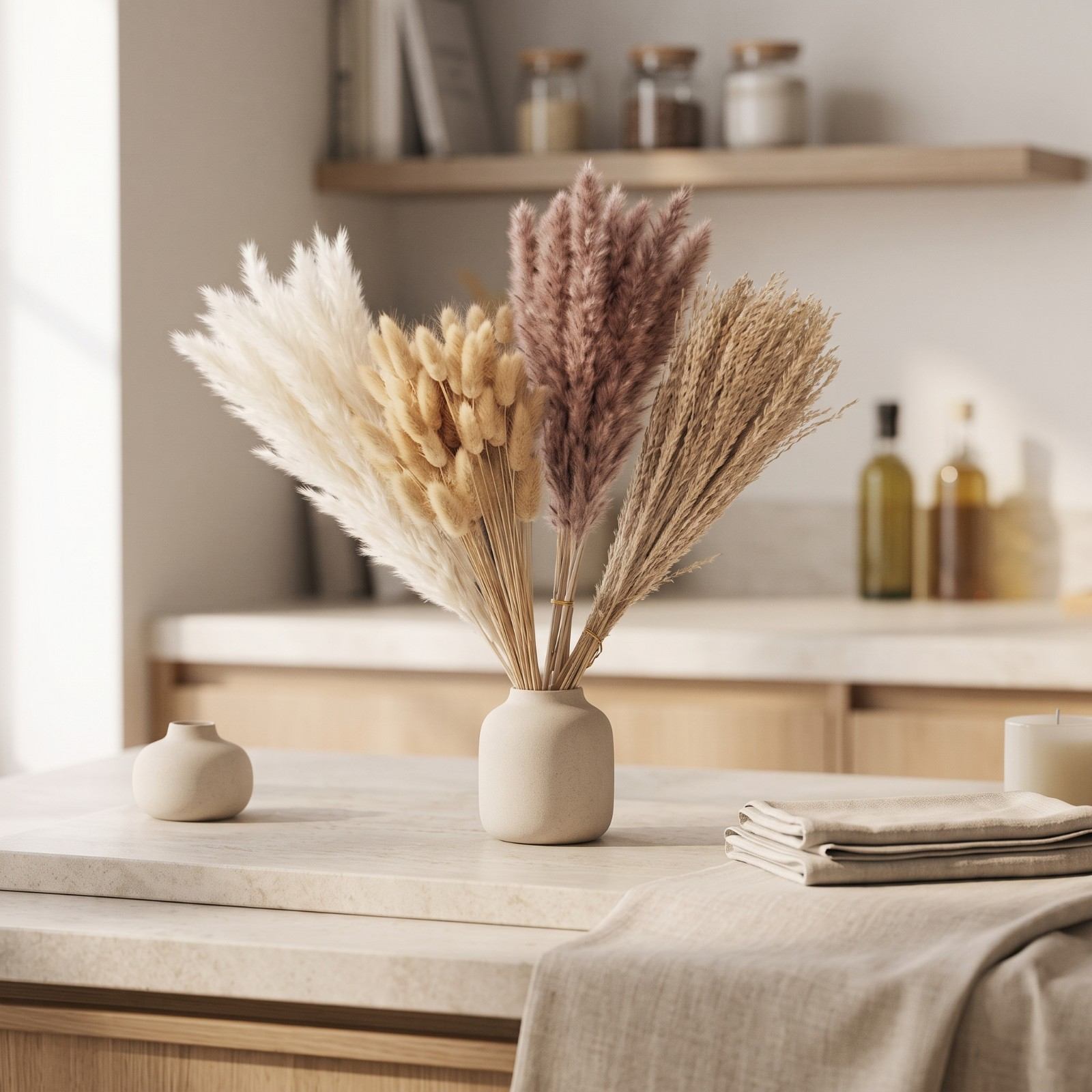 Dried Pampas Grass Decor, 100 Stems Pampas Grass Contains Bunny Tails Dried Flowers, Reed Grass Bouquet for Wedding Boho Flowers Home Table Decor, Rustic Farmhouse Party (17", White and Brown)