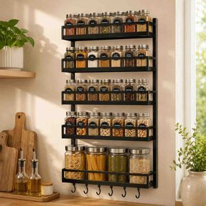 X-cosrack Wall Mount Spice Rack Organizer 5 Tier Height-Adjustable Hanging Spice Shelf Storage for Kitchen Pantry Cabinet, Dual-Use Seasoning Holder Rack with Hooks, Black-Patented