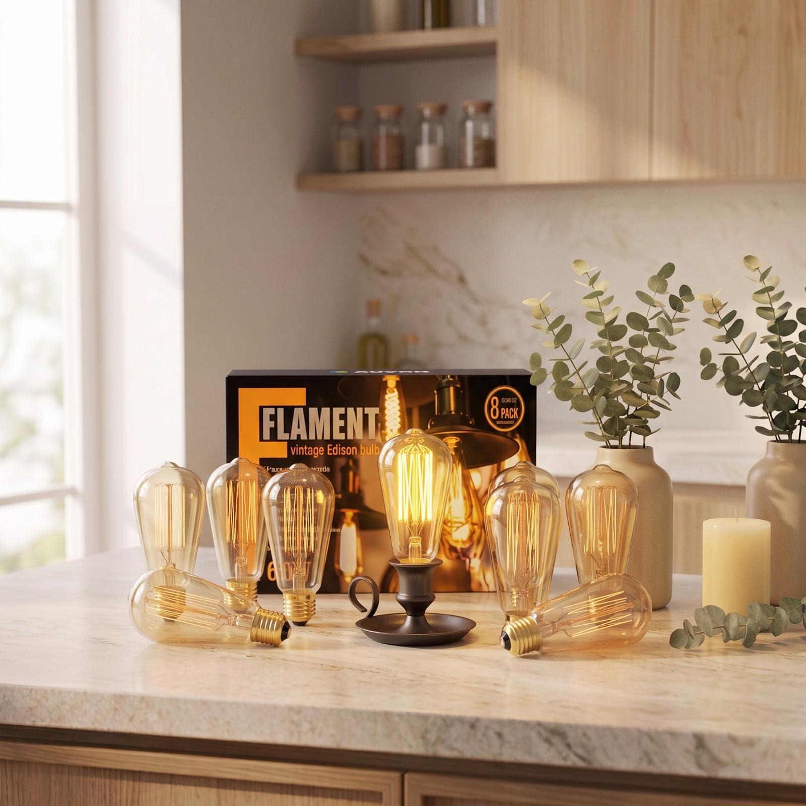 LUXON 8-Pack Edison Bulbs,Antique Vintage Style,Incandescent Light Bulb,Dimmable,Amber Warm 60W E26 Base for Wall Sconce Chandelier Retro Fixture