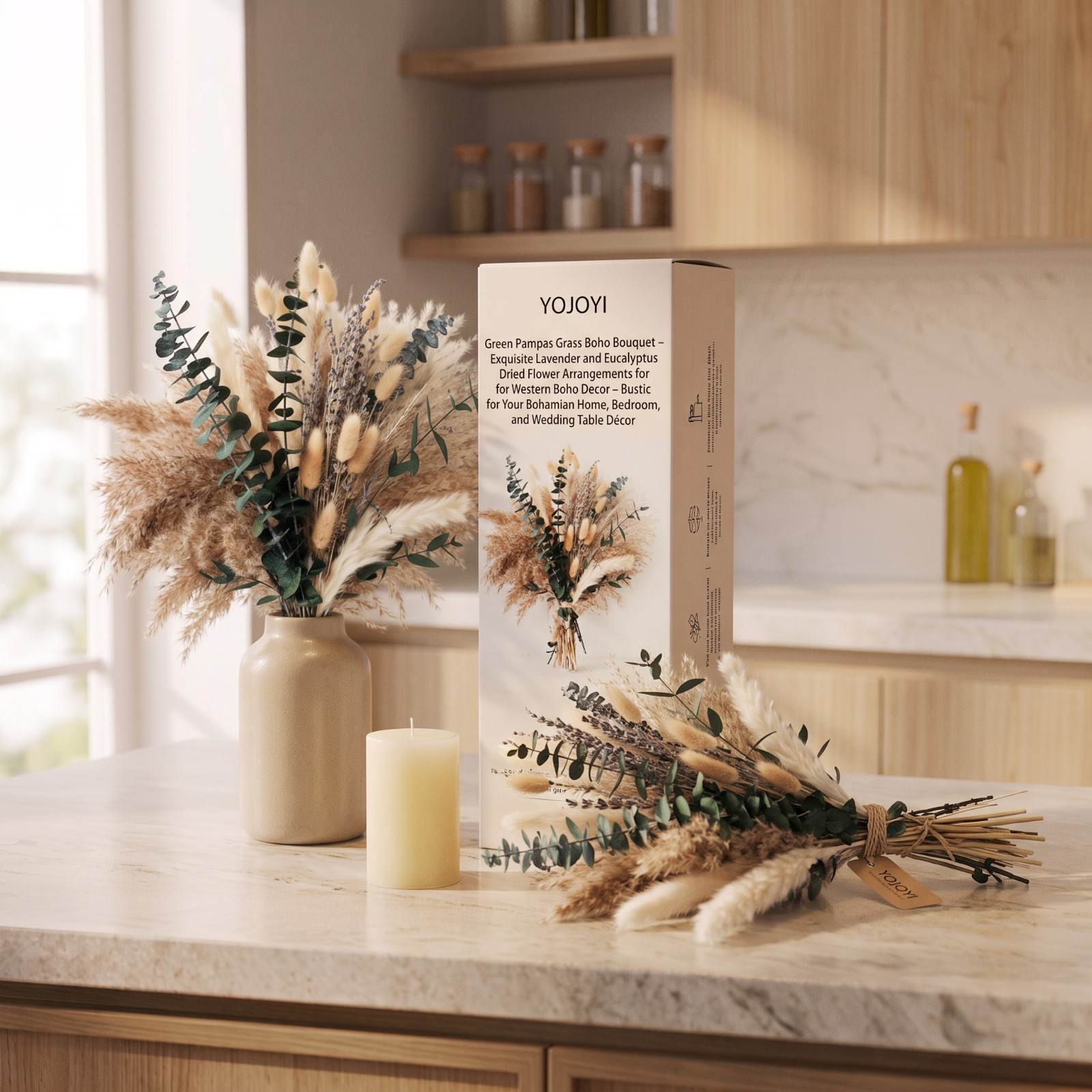 Green Pampas Grass Boho Bouquet – Exquisite Lavender and Eucalyptus Dried Flower Arrangements for Western Boho Decor – Rustic Flowers for Your Bohemian Home, Bedroom, and Wedding Table Décor