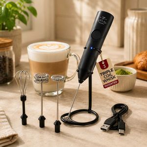 Zulay Kitchen Rechargeable Milk Frother Handheld - Frother Wand, Drink Mixer, Electric Whisk Frother, for Cappuccinos, Matcha & Protein Powder - Dynamic 3 Whisk, 3 Speed 500mAh Black