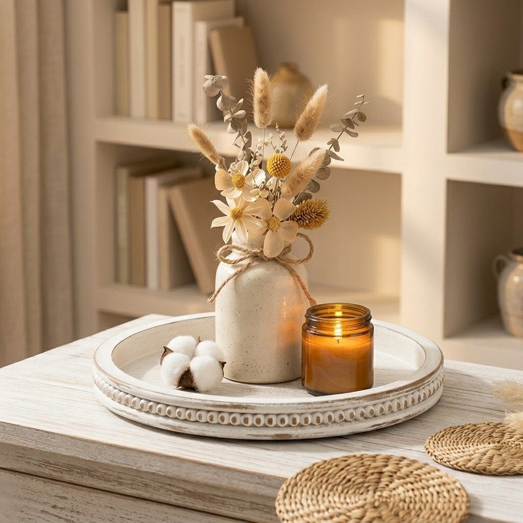 Hanobe Round Whitewashed Wood Tray