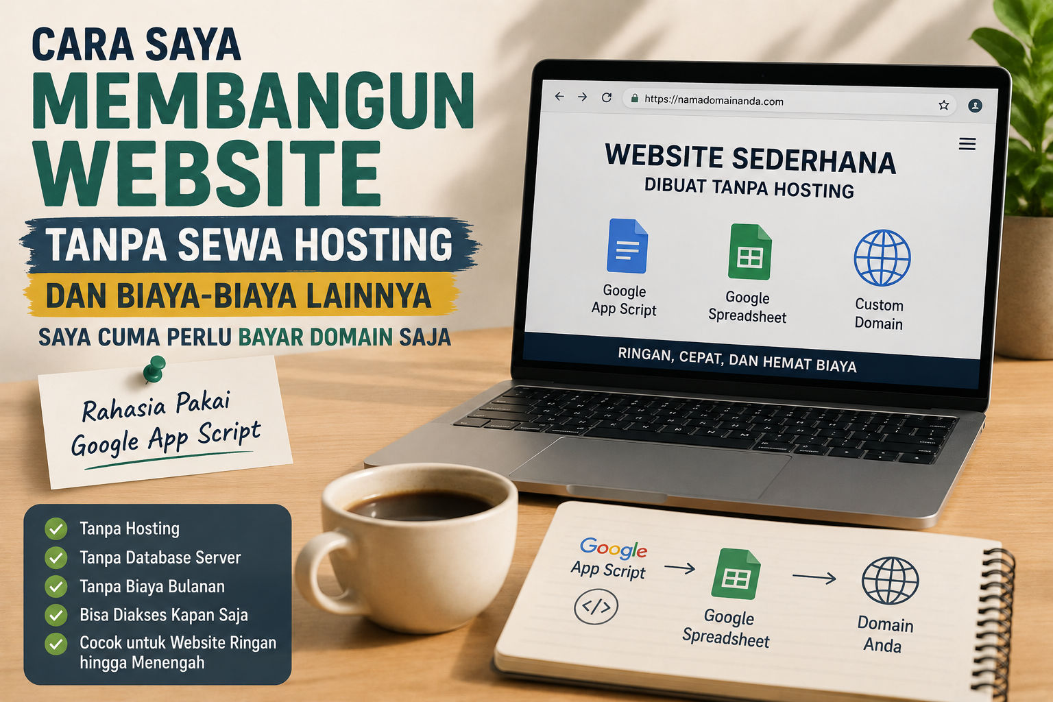 Cara Saya Membangun Website Tanpa Sewa Hosting, Cuma Bayar Domain Saja (Rahasia Pakai Google App Script)