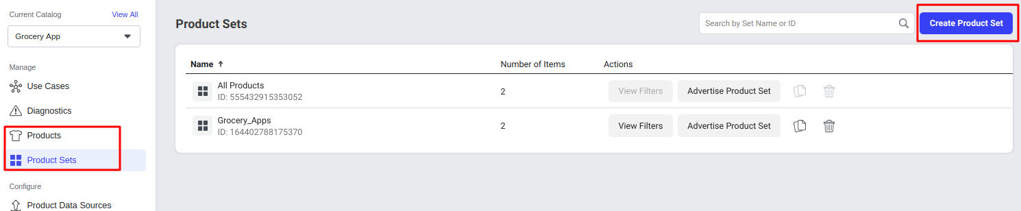 Facebook catalogs products sets