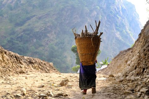 woman carrying basket of wood
