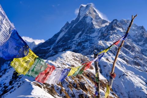 frozen prayer flags in front of fishtail mountain