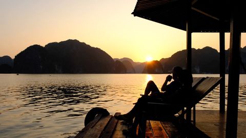 enjoying the sunset on the floating house