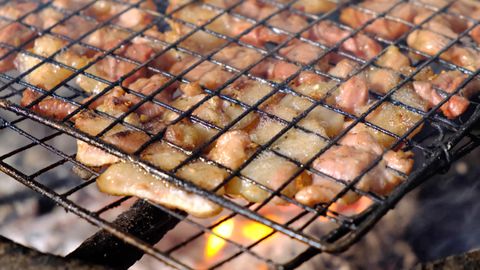 grilling pork over fire close up