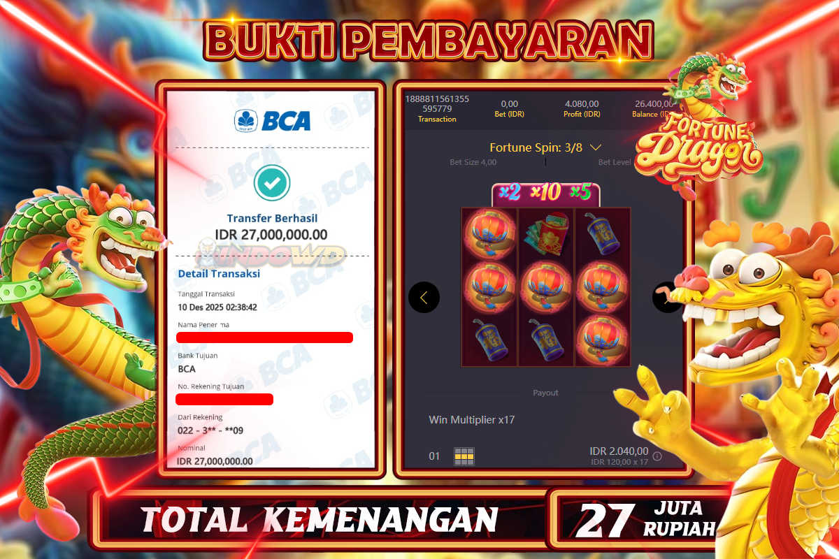 INDOWD JACKPOT SLOT FORTUNE DRAGON Rp 27.000.000,- LUNAS