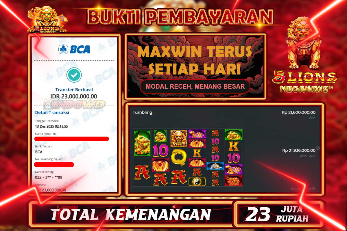 INDOWD JACKPOT SLOT 5 LIONS MEGAWAYS Rp 23.000.000,- LUNAS
