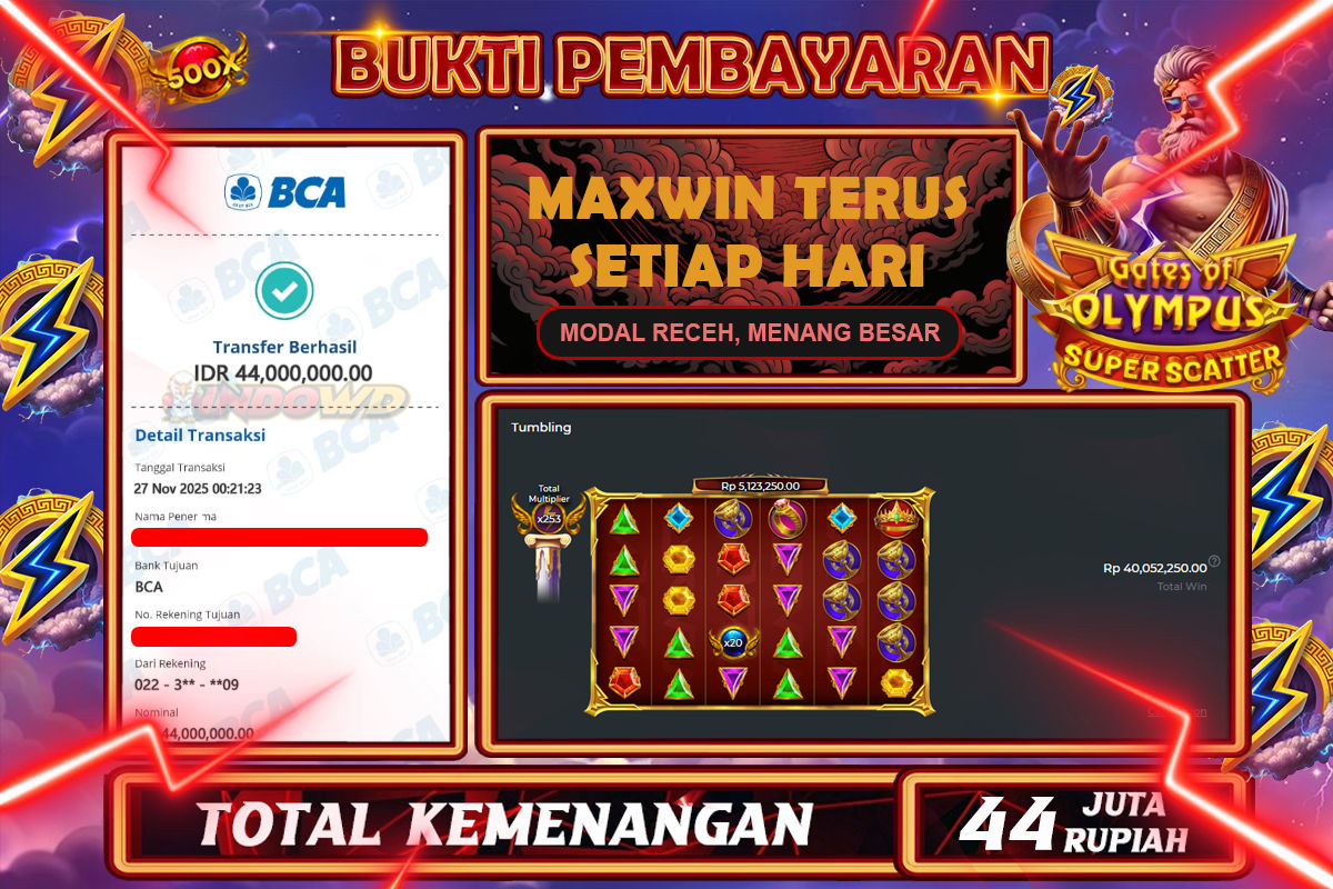 INDOWD JACKPOT SLOT GATES OF OLYMPUS SUPER SCATTER Rp44.000.000,- LUNAS