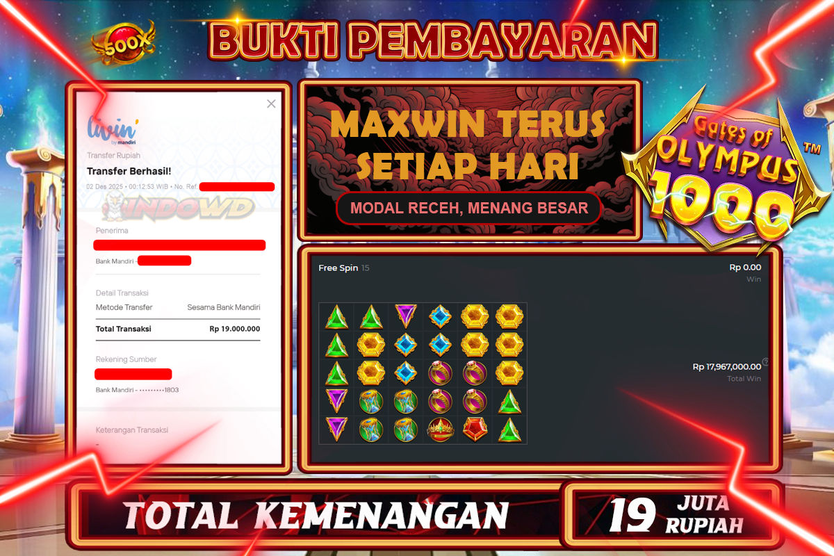 INDOWD JACKPOT SLOT GATES OF OLYMPUS 1000 Rp19.000.000,- LUNAS