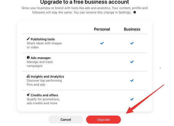 pinterest upgrade to business account