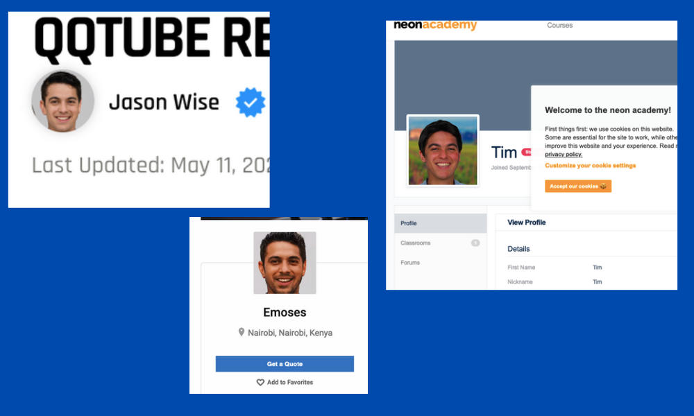 Three screenshots showing the profile picture of Jason Wise, editor of Earthweb.com and how the same profile image has been used under different names and websites