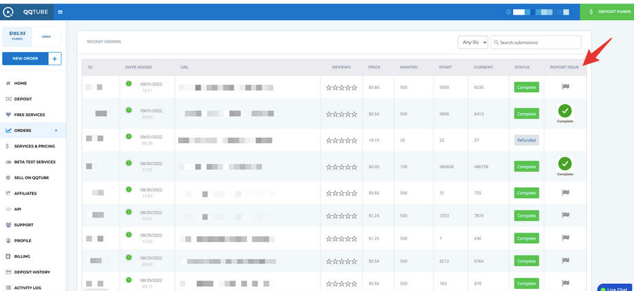 QQTube dashboard showing multiple orders and a Report order column on the far right where customers can request a cancellation or report an issue with their order