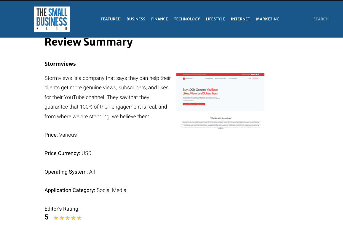 Screenshot showing how thesmallbusinessblog.net is promoting StormViews