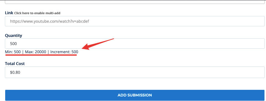 QQTube New Order page showing the order minimum and maximum amounts