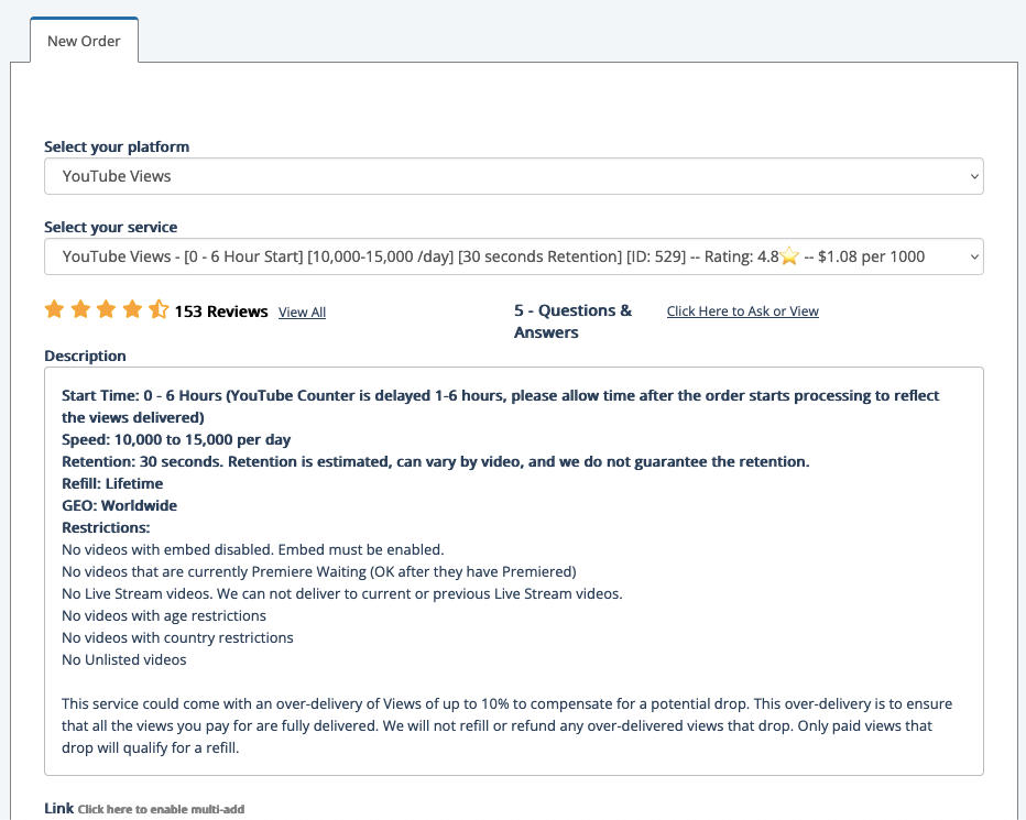 QQTube New Order page with a detailed service description for a YouTube Views service
