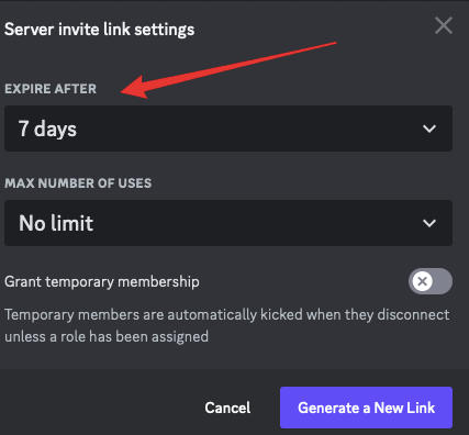 Discord invite link expiration menu