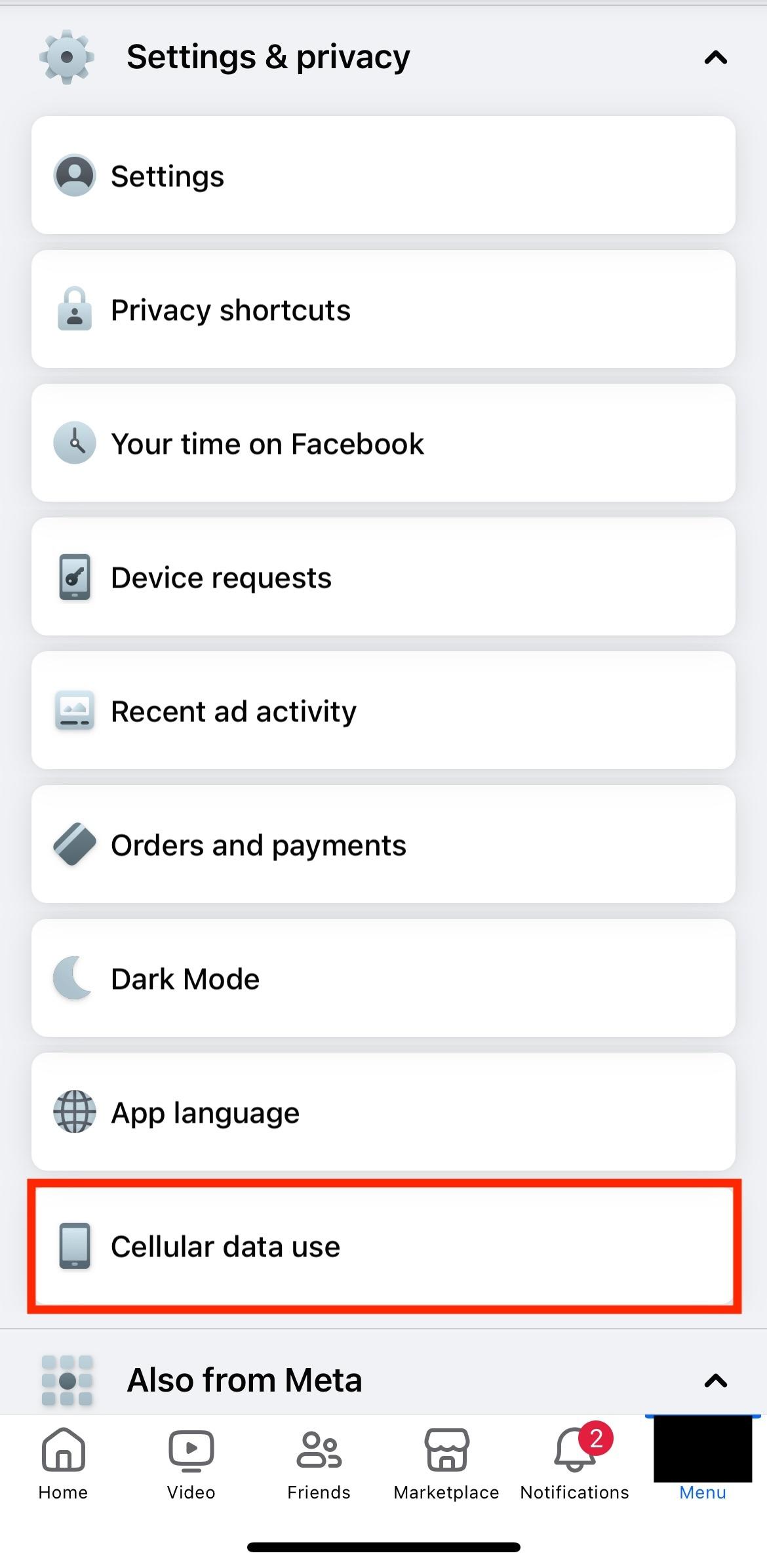 facebook cellular data use