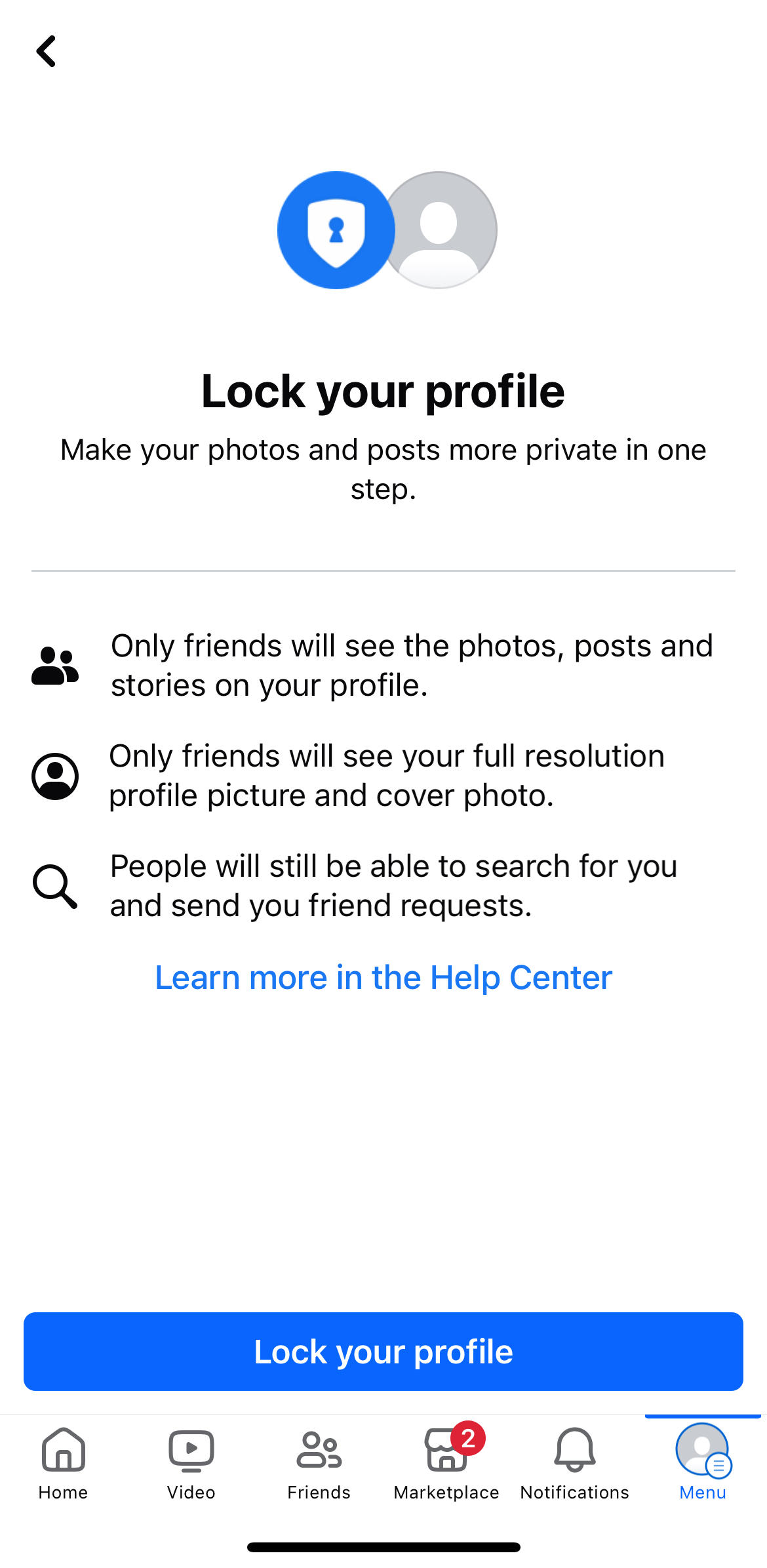 facebook lock your profile button