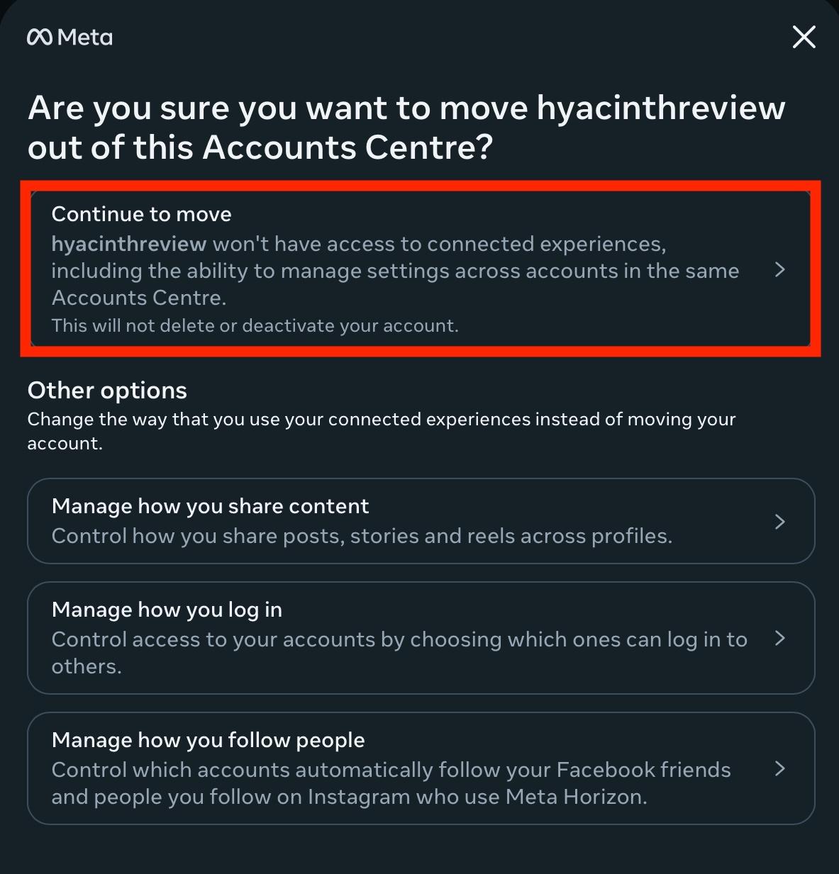 accounts center continue to move
