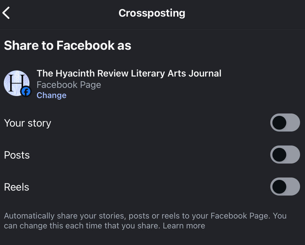 instagram crossposting toggled off