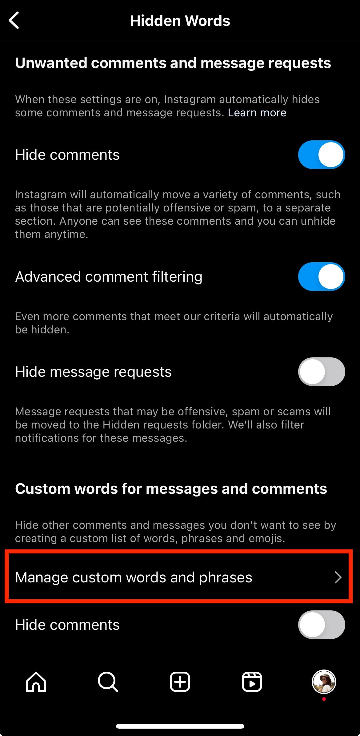 instagram manage custom words