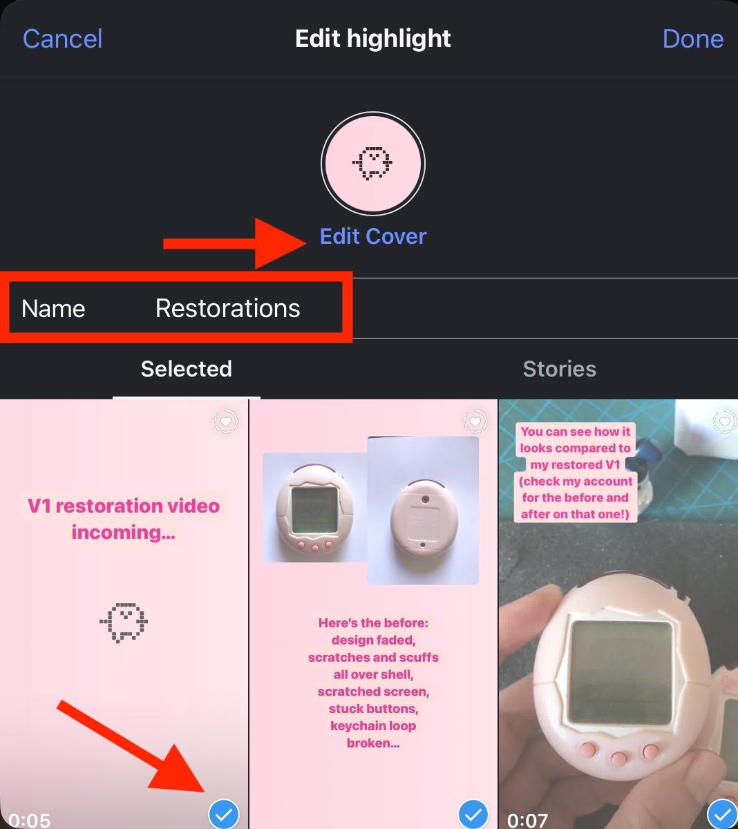 instagram mobile edit highlight