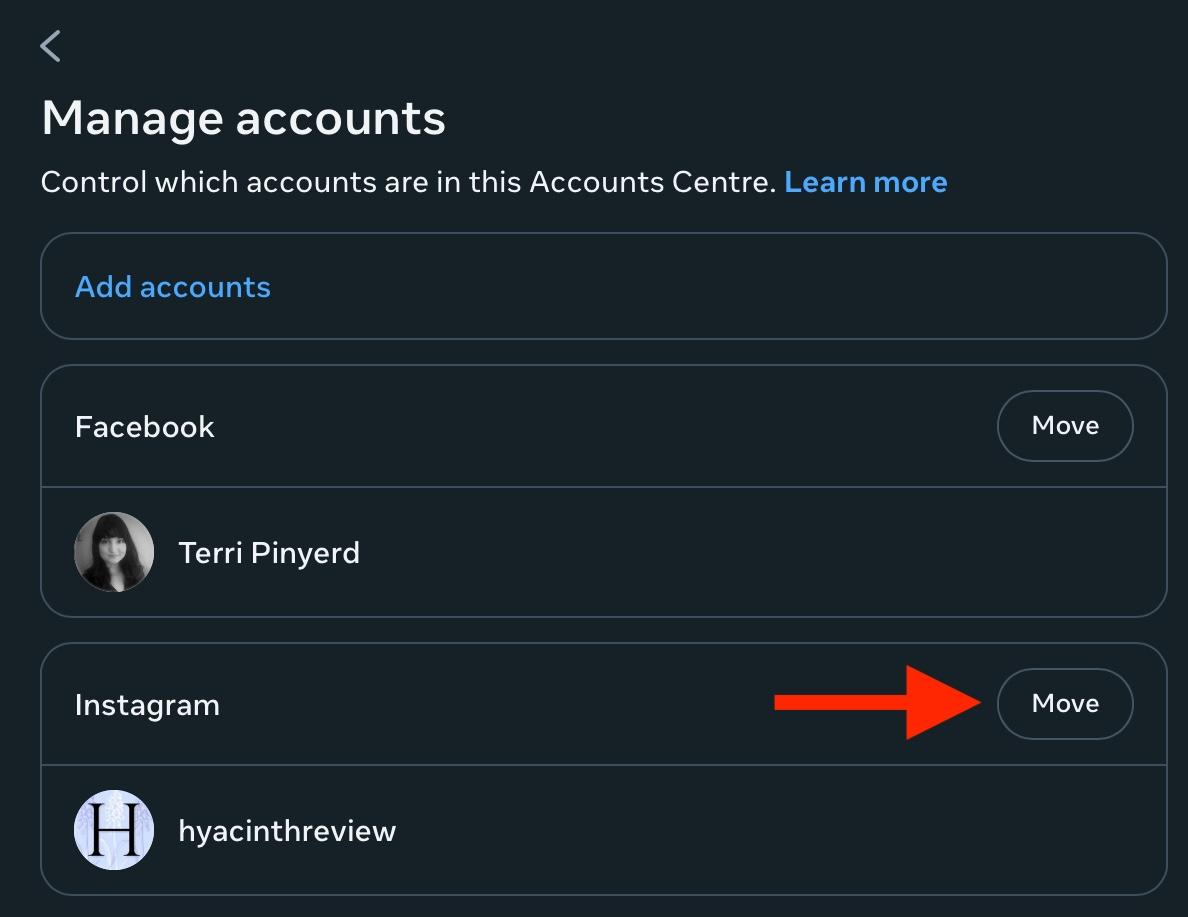 instagram accounts center move