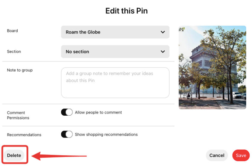 pinterest delete pin option