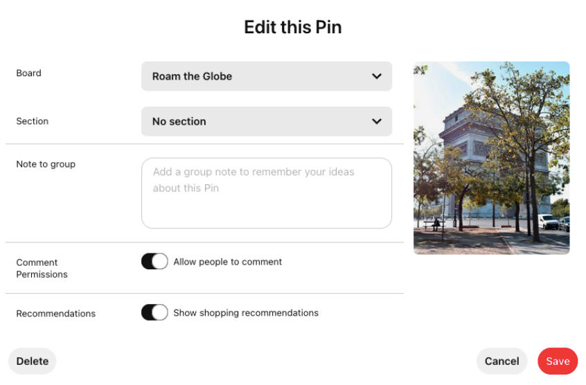 pinterest edit pin menu