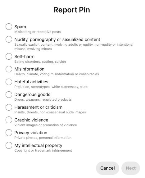 pinterest report pin options