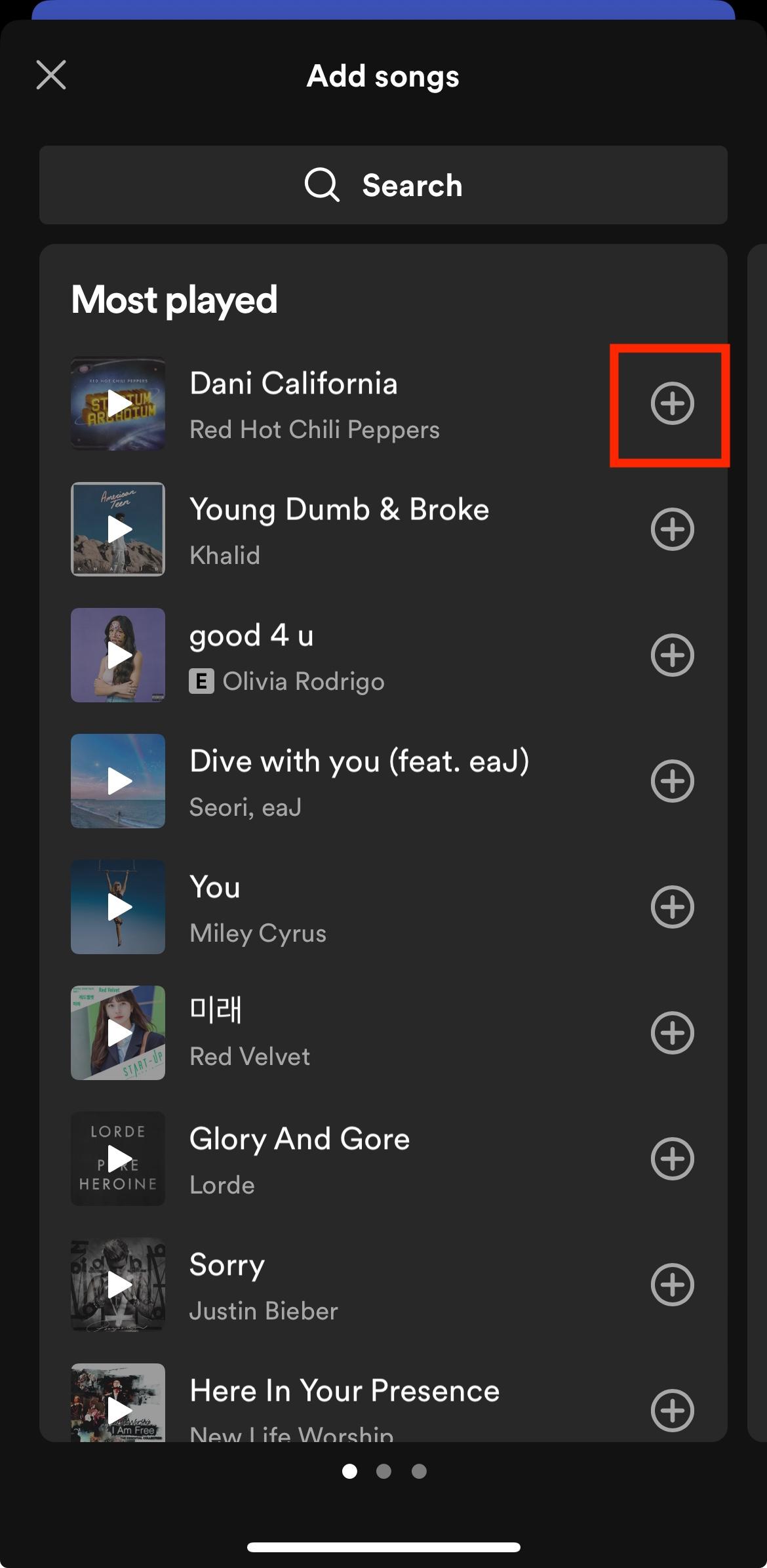 spotify mobile liked songs add button=