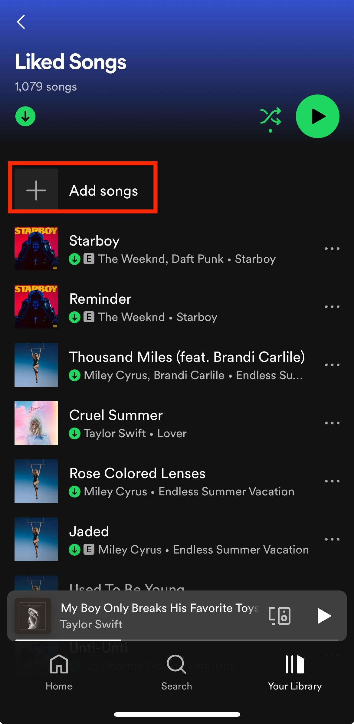 spotify mobile liked songs add songs