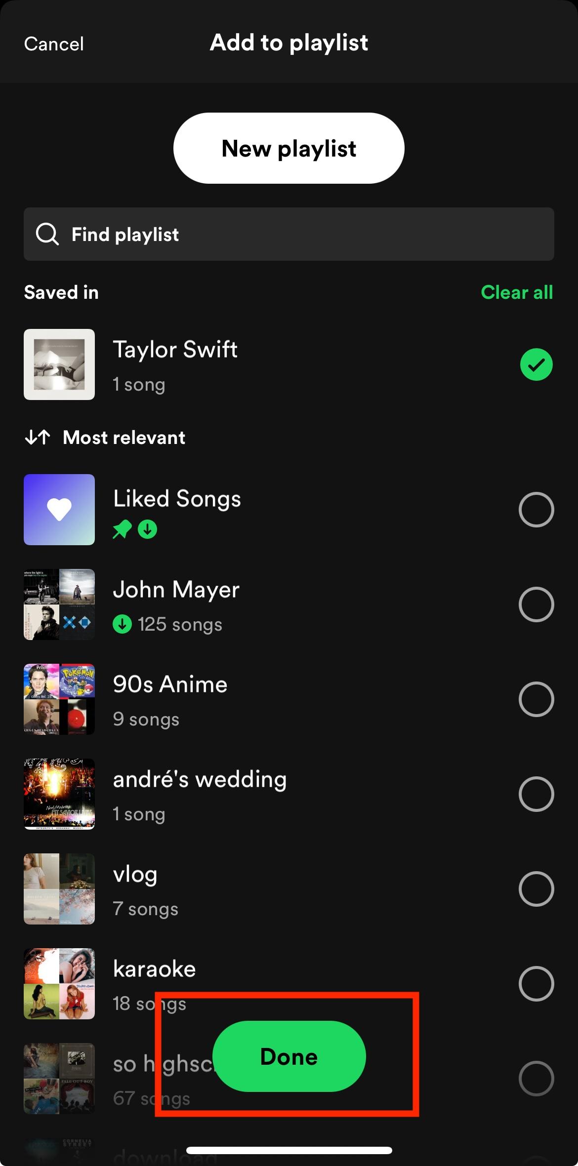 spotify mobile select playlist done