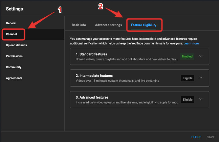 youtube channel feature eligiblity menu