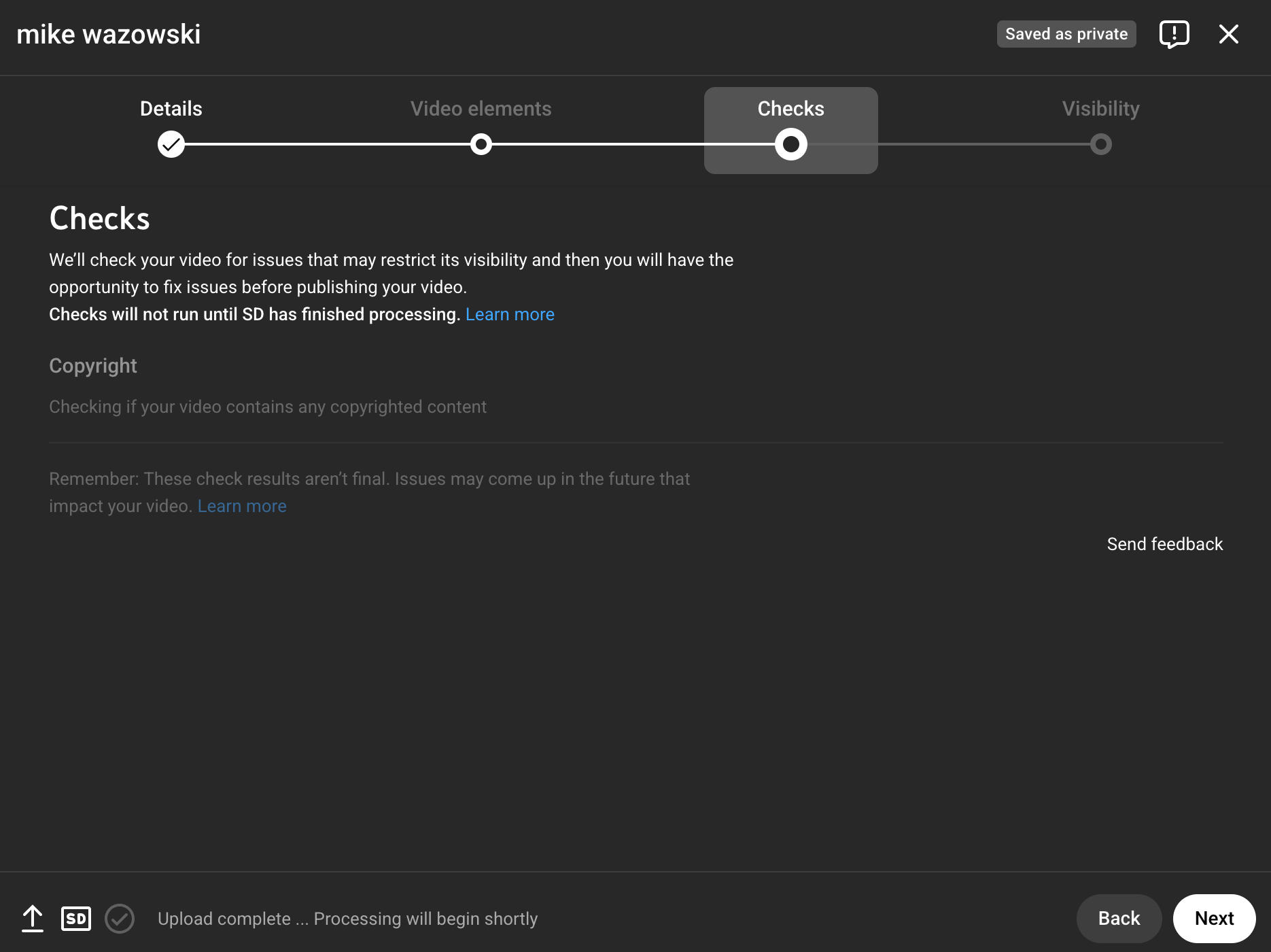 youtube copyright check page
