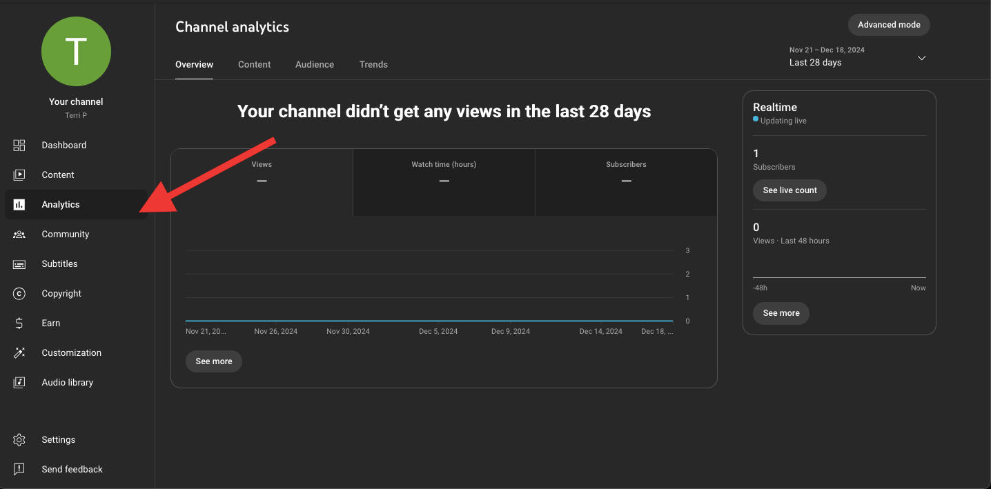 Screenshot of YouTube Studio Analytics menu