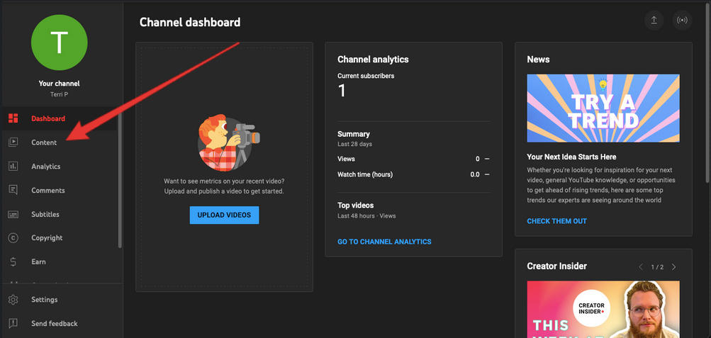 youtube studio content menu item