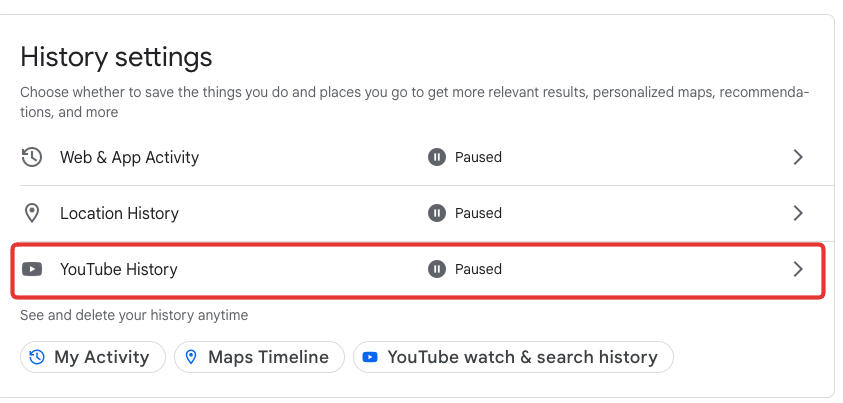 youtube history settings