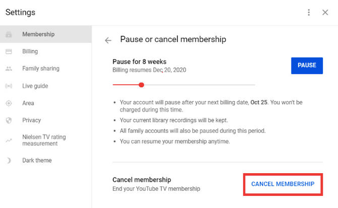 youtube tv cancellation step 1