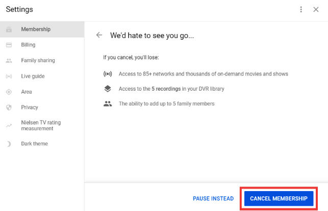 youtube tv cancellation step 3