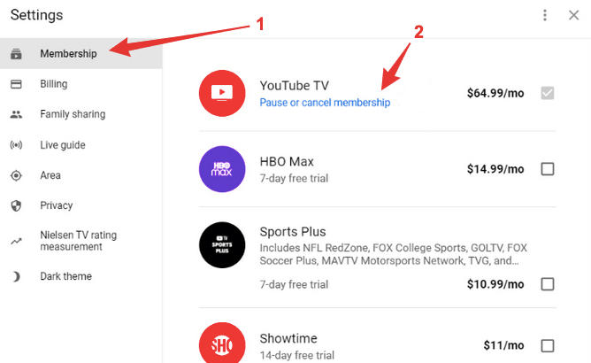 youtube tv membership settings