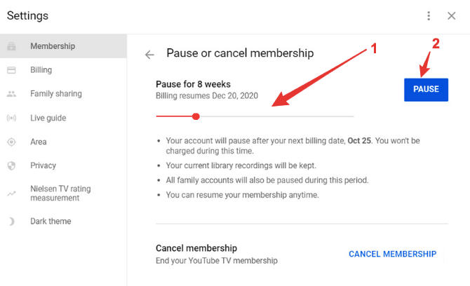 youtube tv pause membership slider