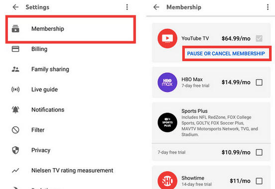 youtube tv android membership