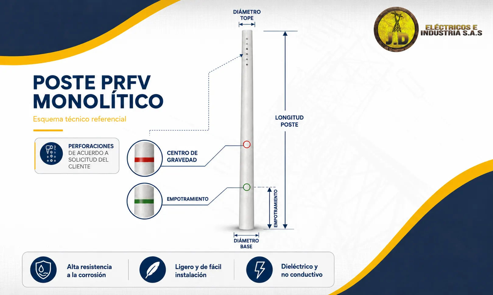 Miniatura 2 de Poste Fibra de Vidrio Monolítico 12 m 1050 Kgf